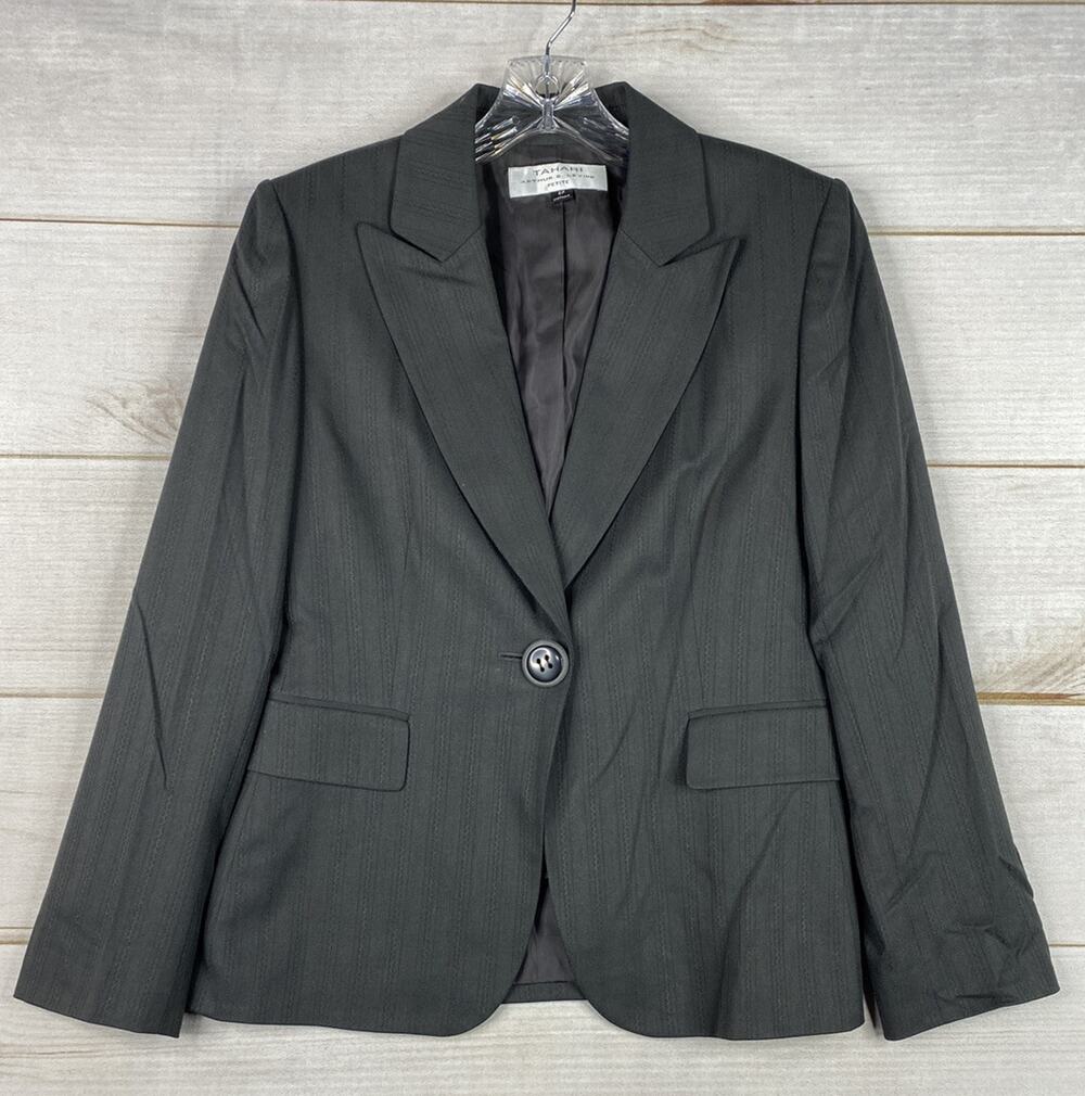 Tahari ASL Blazer Womens Sz 6 Petite Gray One Button Lined Career Formal Jacket